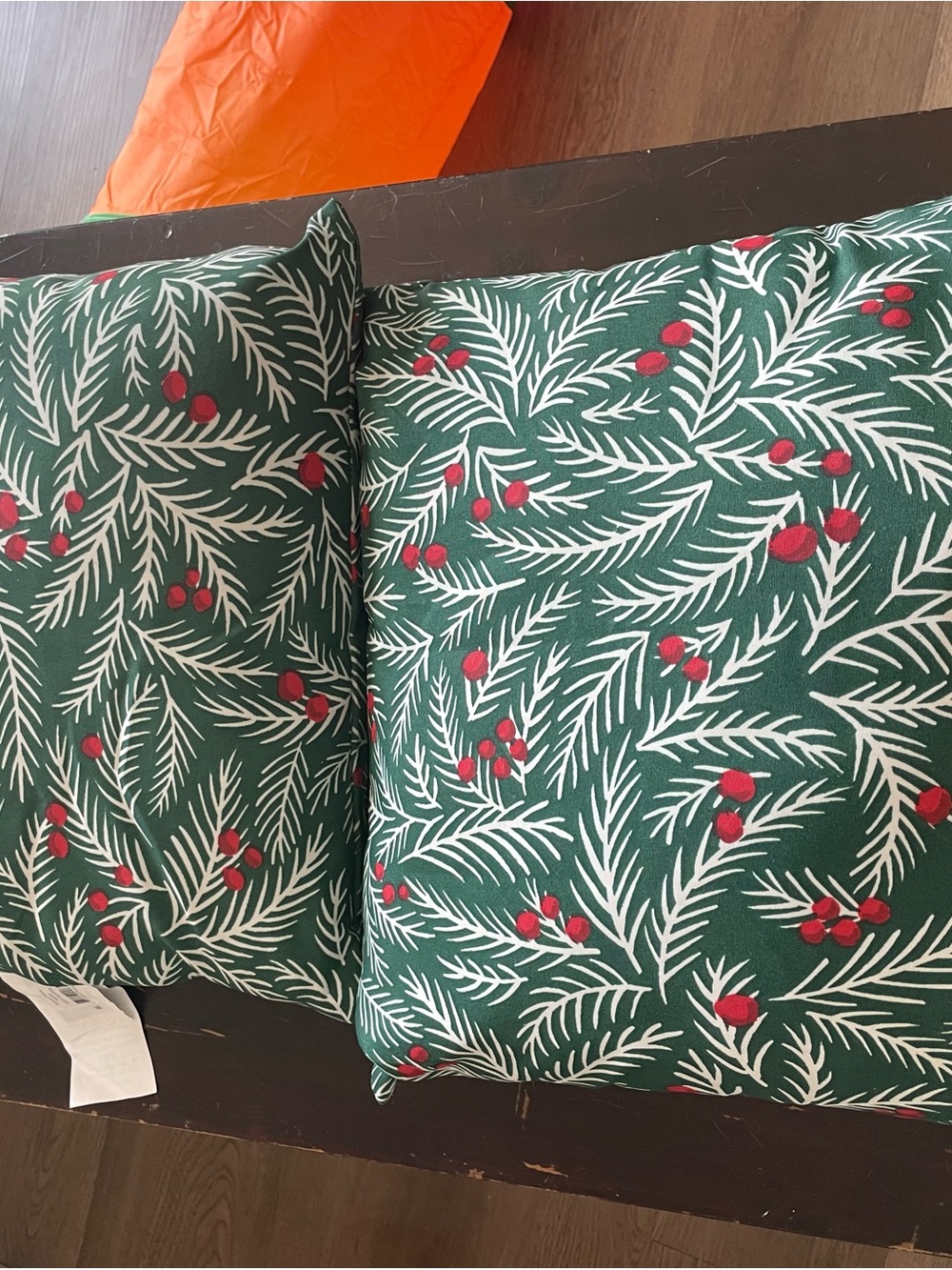 Festive Green Holiday Pillow with White Pine Motif and Red Berry Accents